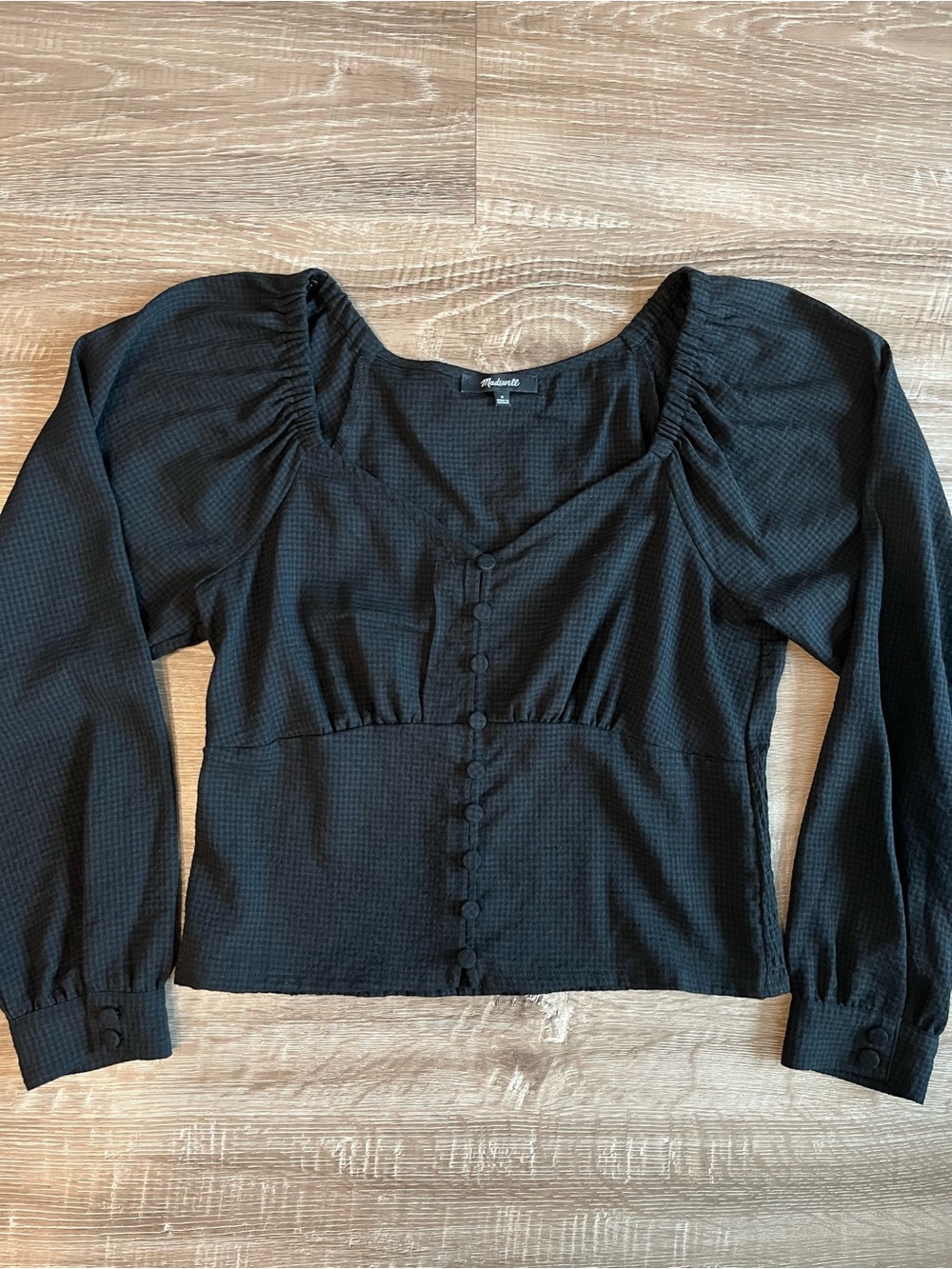 Madewell Black Ruched Blouse Women’s Small Button Front Long Sleeve Top